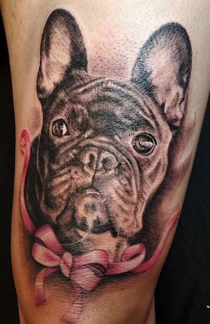 Pet portrait french bulldog with pink bow tattoo