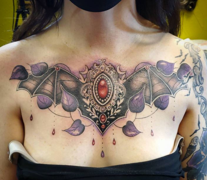 Goth bat decorative Victorian chest tattoo
